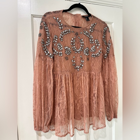 Forever 21 dainty lace long sleeve peplum embroidered sparkle beaded top blouse - Picture 4 of 15